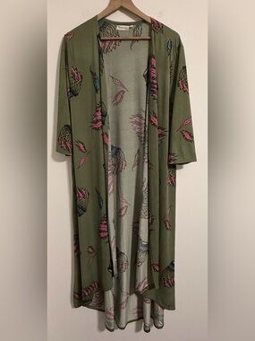 Southern Stitch Feather Print Maxi Dress Olive Green Long Sleeve Women’s L/XL